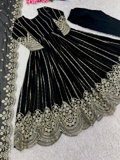 Wedding Wear Black Color Heavy Faux Georgette With Full Heavy Embroidery Sequence Work Anarkali Gown