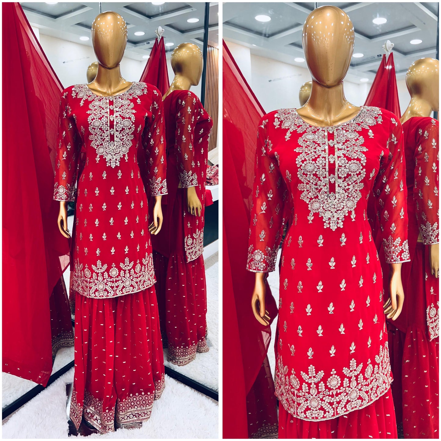 Reception Wear Red Color Heavy Faux Georgette With Embroidery Sequence Work Sharara Suit