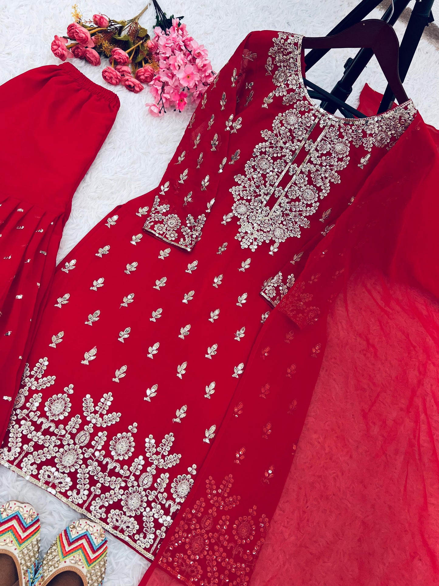 Reception Wear Red Color Heavy Faux Georgette With Embroidery Sequence Work Sharara Suit