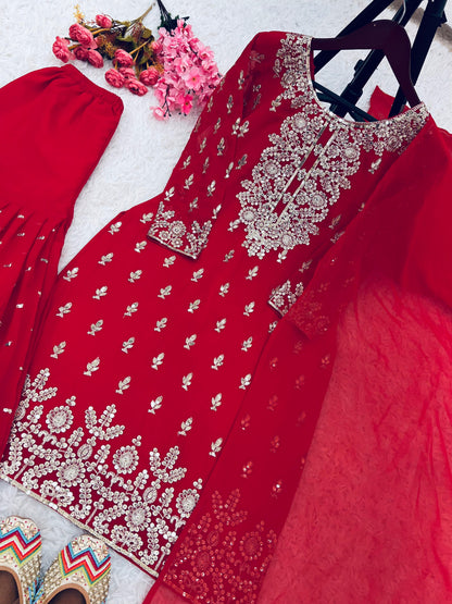 Reception Wear Red Color Heavy Faux Georgette With Embroidery Sequence Work Sharara Suit