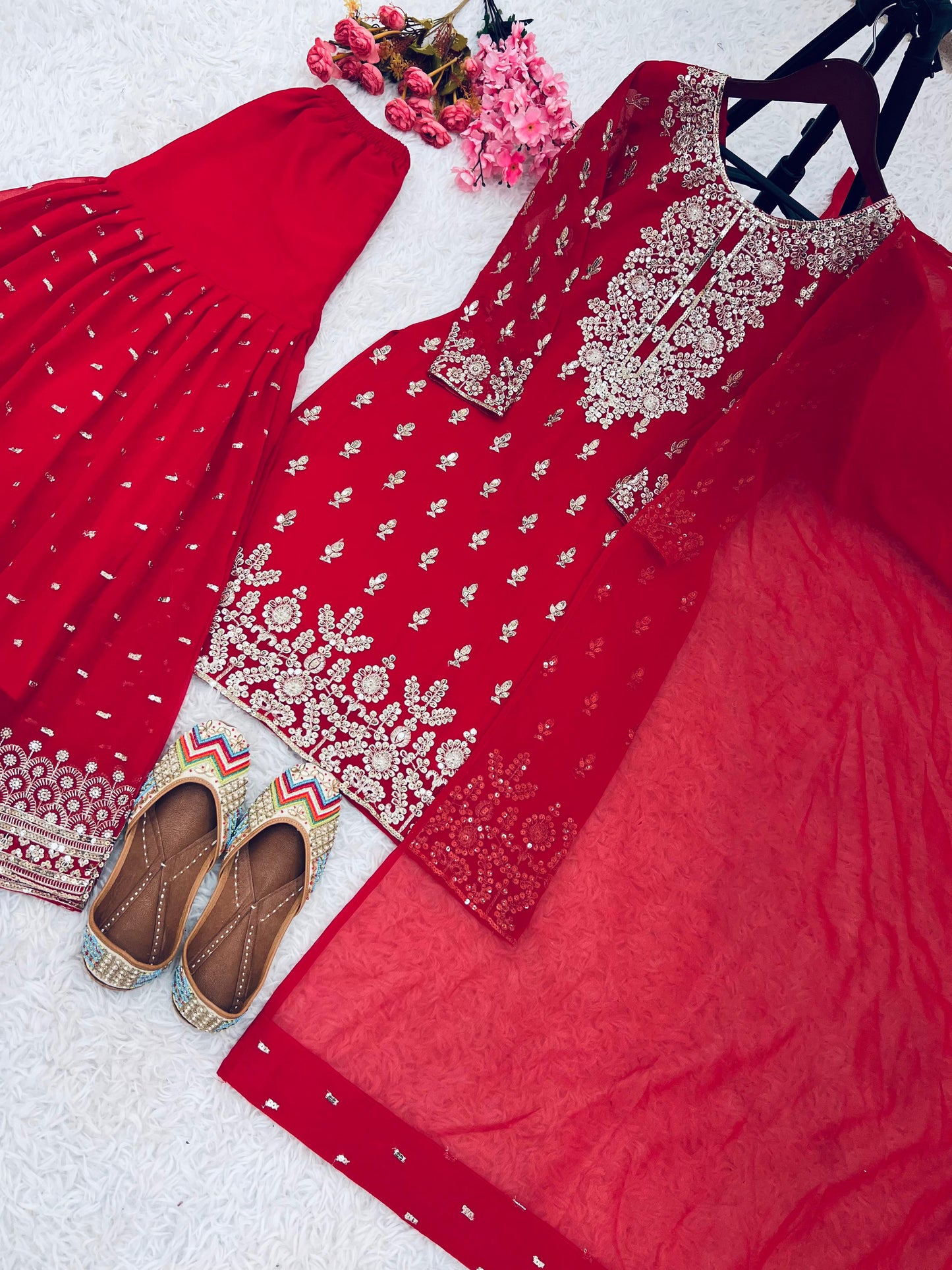 Reception Wear Red Color Heavy Faux Georgette With Embroidery Sequence Work Sharara Suit