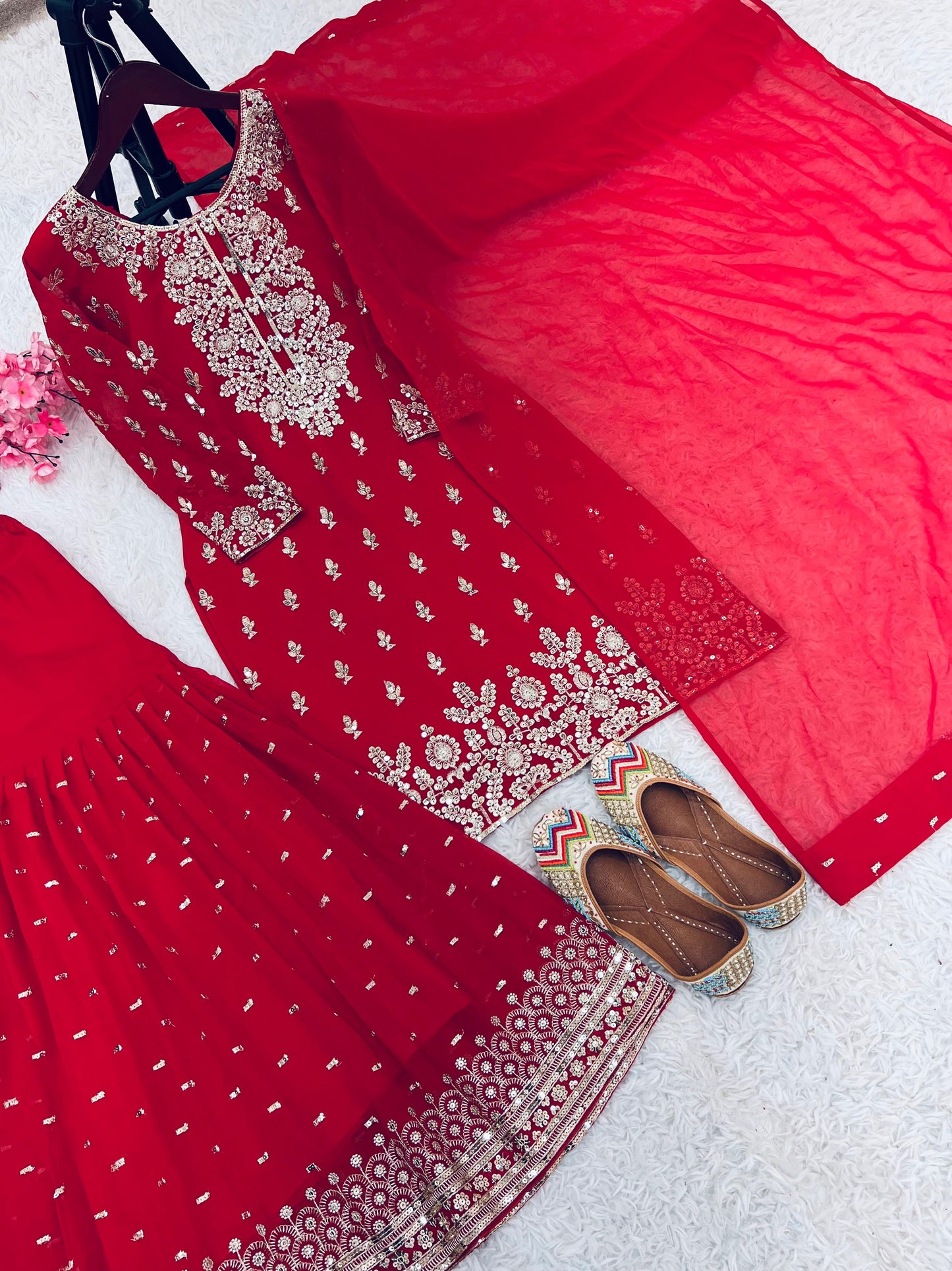 Reception Wear Red Color Heavy Faux Georgette With Embroidery Sequence Work Sharara Suit