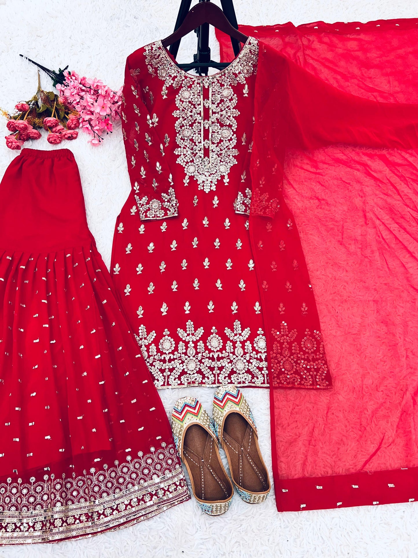 Reception Wear Red Color Heavy Faux Georgette With Embroidery Sequence Work Sharara Suit