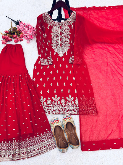Reception Wear Red Color Heavy Faux Georgette With Embroidery Sequence Work Sharara Suit