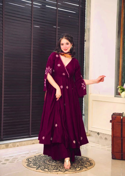 Alluring Wine Color Pure Chinon Silk With Embroidery Work With Fancy Full Sleeve Anarkali Plazzo Suit
