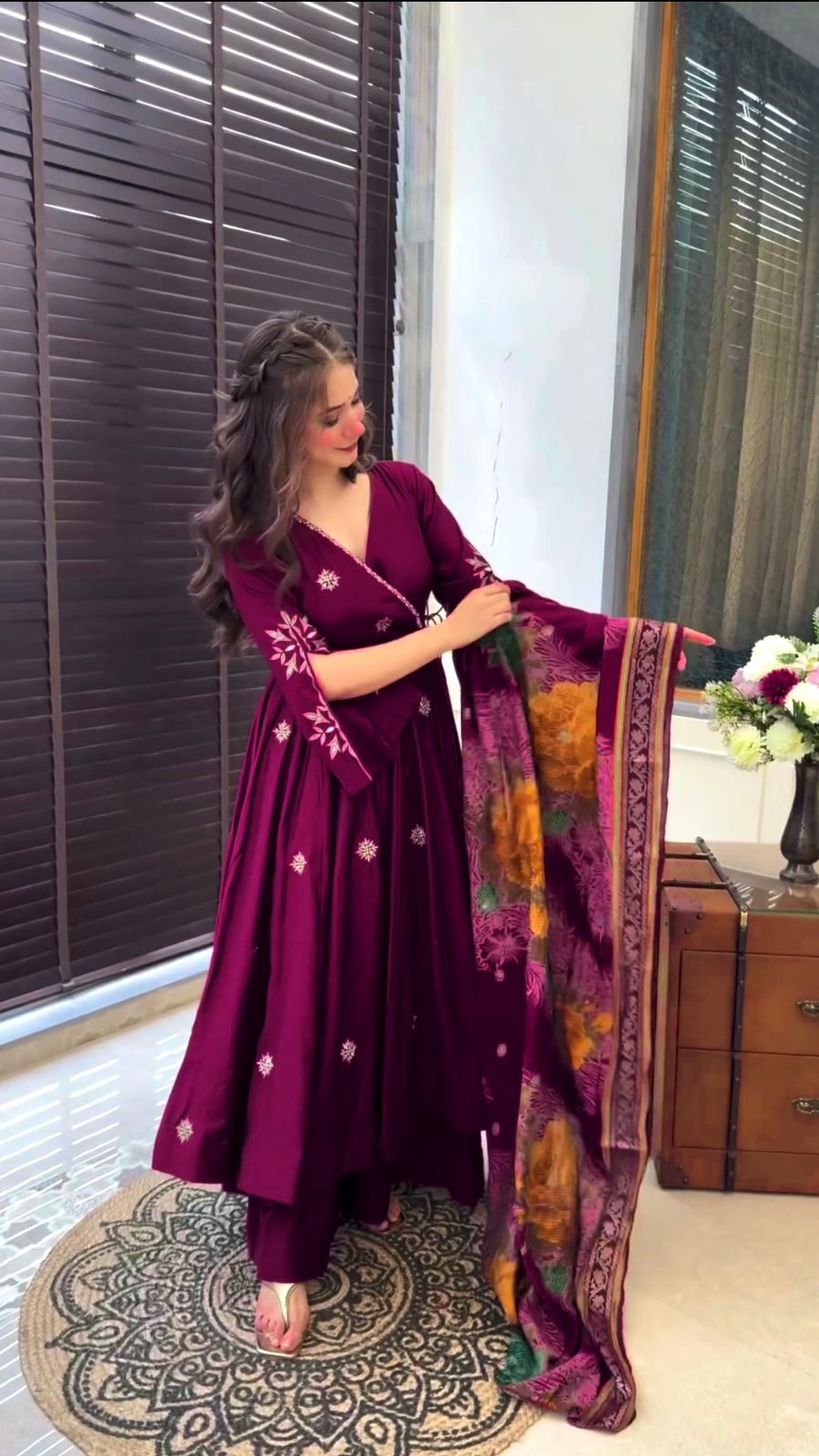Alluring Wine Color Pure Chinon Silk With Embroidery Work With Fancy Full Sleeve Anarkali Plazzo Suit
