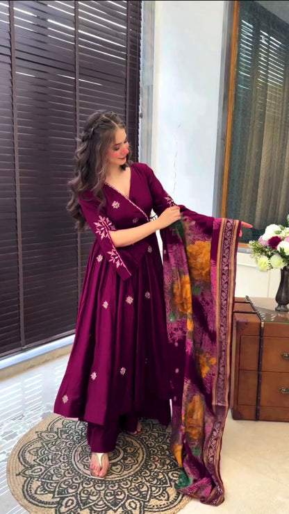 Alluring Wine Color Pure Chinon Silk With Embroidery Work With Fancy Full Sleeve Anarkali Plazzo Suit