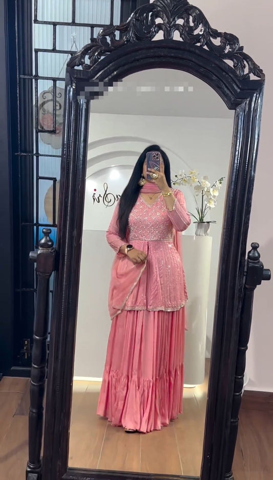 Fashionable Peach Color Embroidery Sequence Work Designer Lehenga Suit