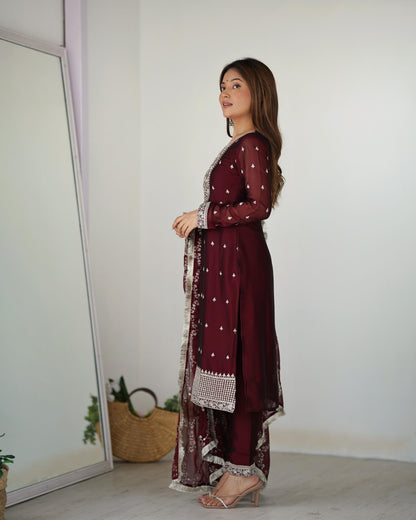 Wedding Wear Brown Color Pure Blooming Rangoli Silk Fabric With Beautiful Embroidery Sequence And Thread Work Salwar Suit