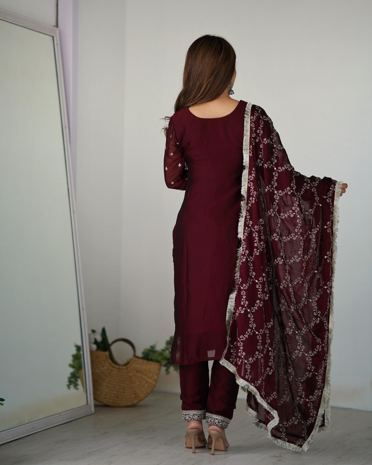 Wedding Wear Brown Color Pure Blooming Rangoli Silk Fabric With Beautiful Embroidery Sequence And Thread Work Salwar Suit