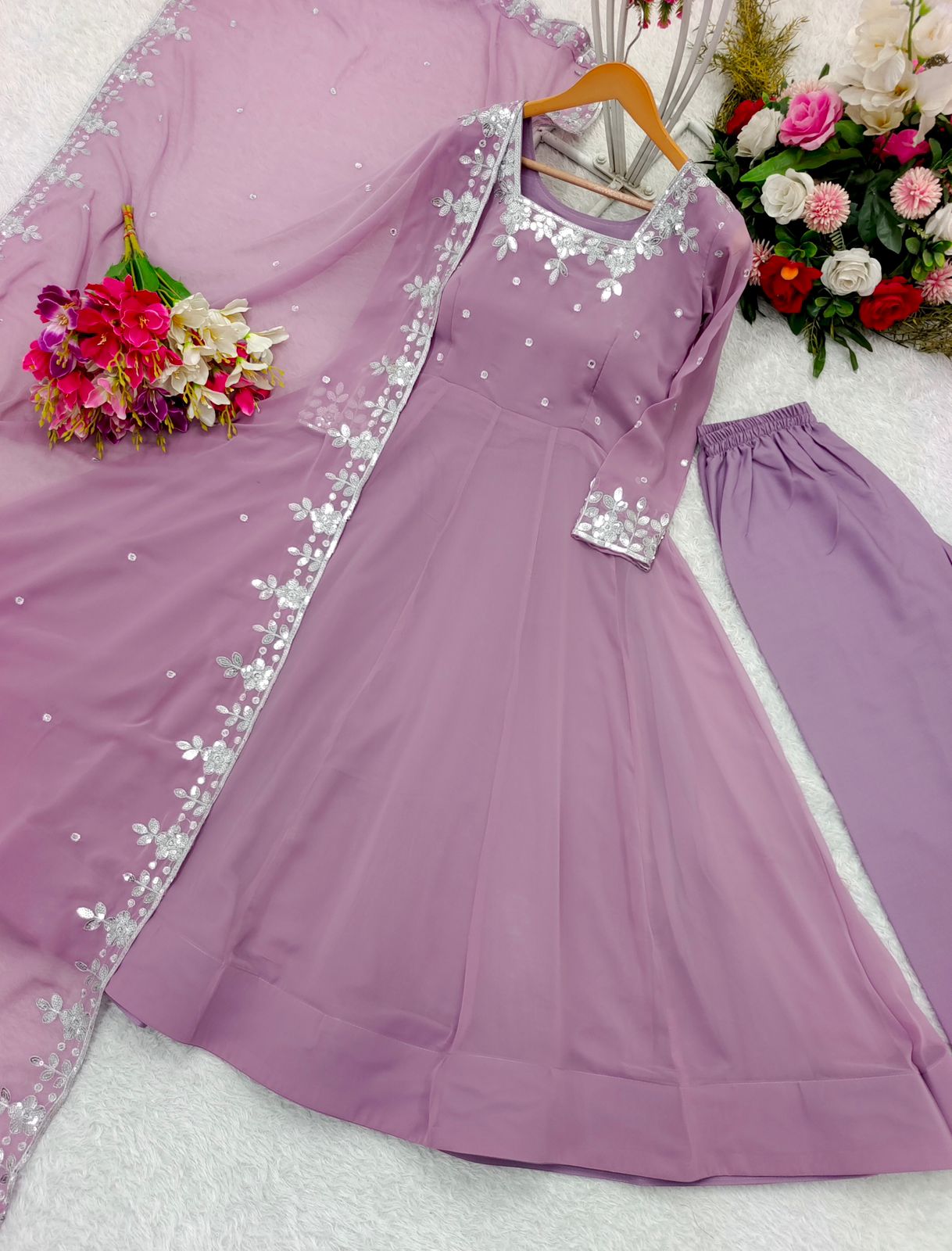 Graceful Lavender Color Pure Fox Georgette With Heavy Embroidery 5mm Sequence Work Anarkali Suit