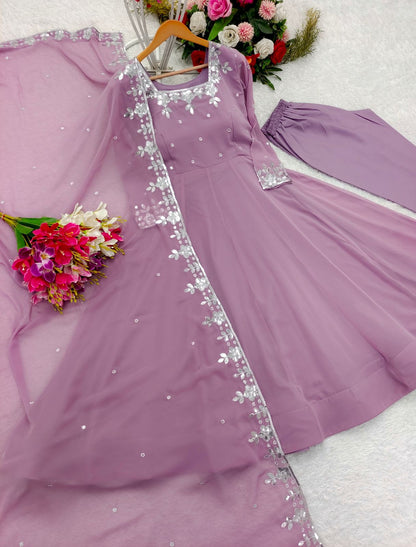 Graceful Lavender Color Pure Fox Georgette With Heavy Embroidery 5mm Sequence Work Anarkali Suit