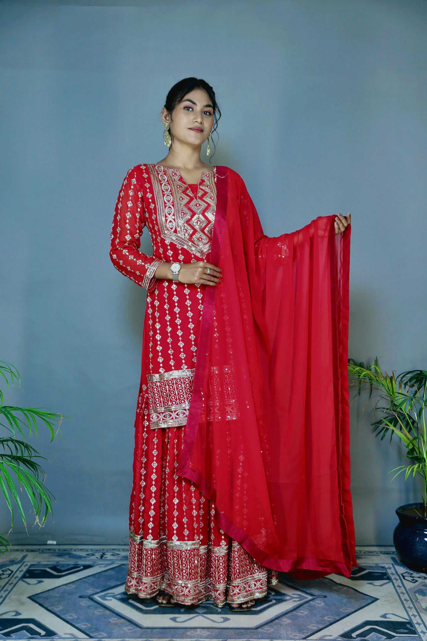 Wedding Wear Red Color Heavy Faux Georgette Embroidery Sequence Work Designer Sharara Suit