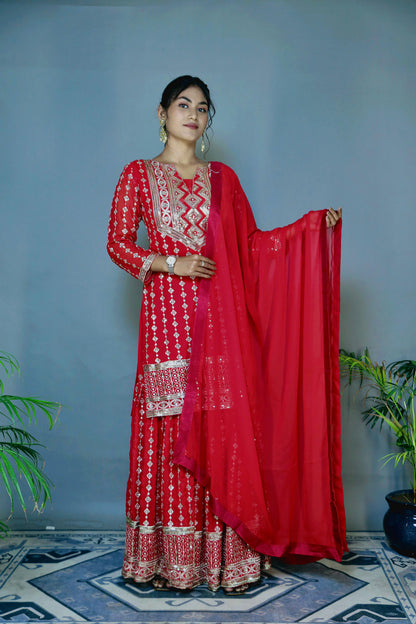 Wedding Wear Red Color Heavy Faux Georgette Embroidery Sequence Work Designer Sharara Suit