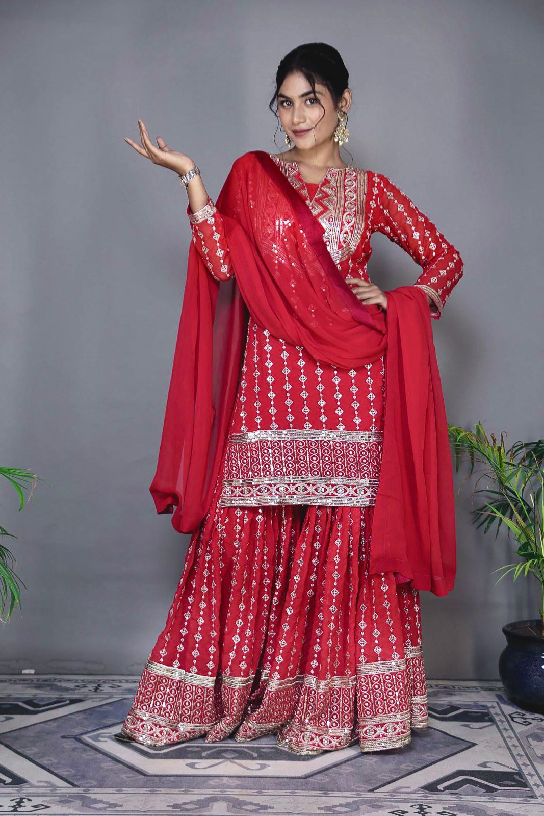 Wedding Wear Red Color Heavy Faux Georgette Embroidery Sequence Work Designer Sharara Suit