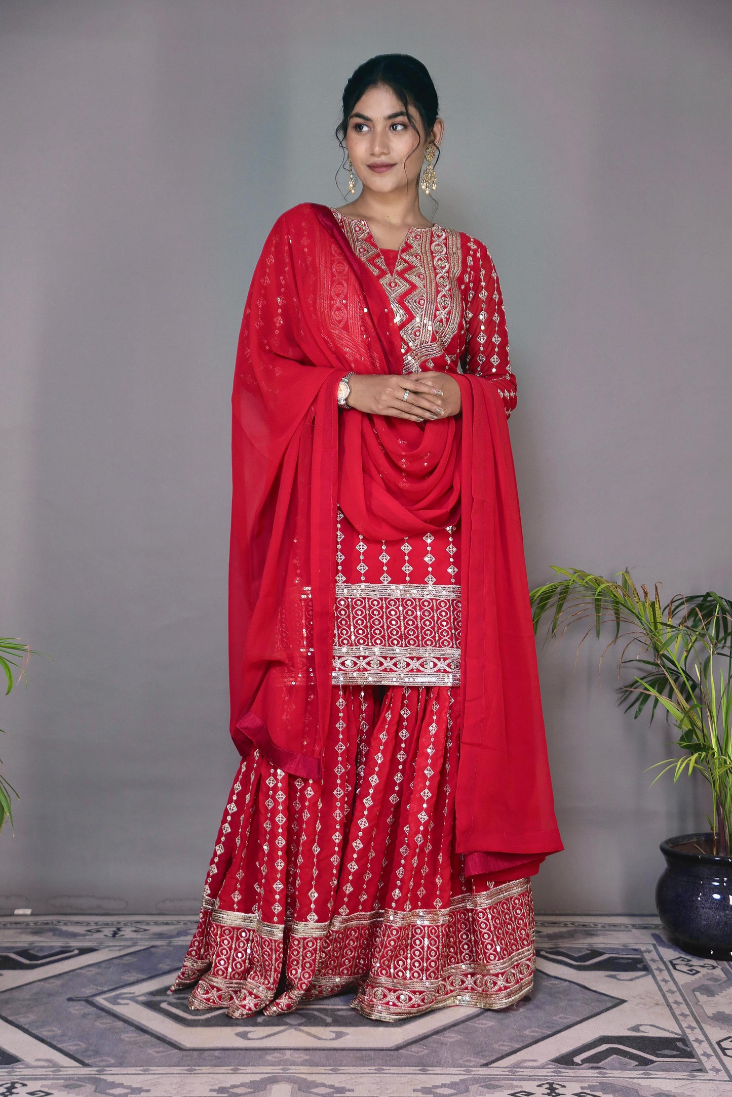 Wedding Wear Red Color Heavy Faux Georgette Embroidery Sequence Work Designer Sharara Suit