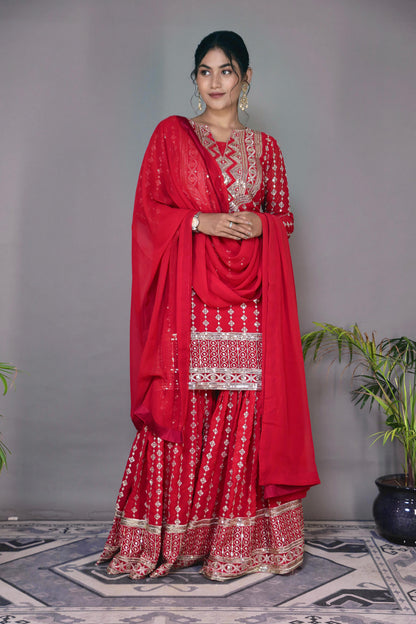 Wedding Wear Red Color Heavy Faux Georgette Embroidery Sequence Work Designer Sharara Suit