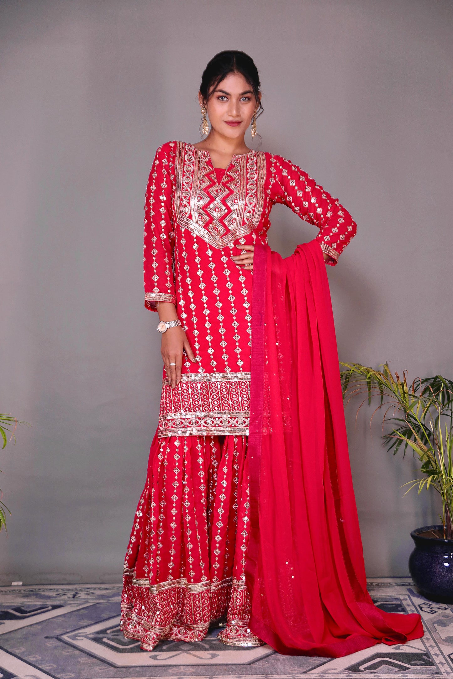 Wedding Wear Red Color Heavy Faux Georgette Embroidery Sequence Work Designer Sharara Suit