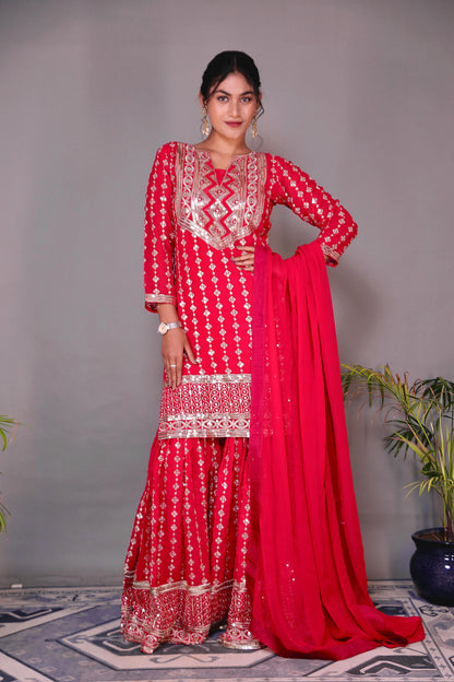 Wedding Wear Red Color Heavy Faux Georgette Embroidery Sequence Work Designer Sharara Suit