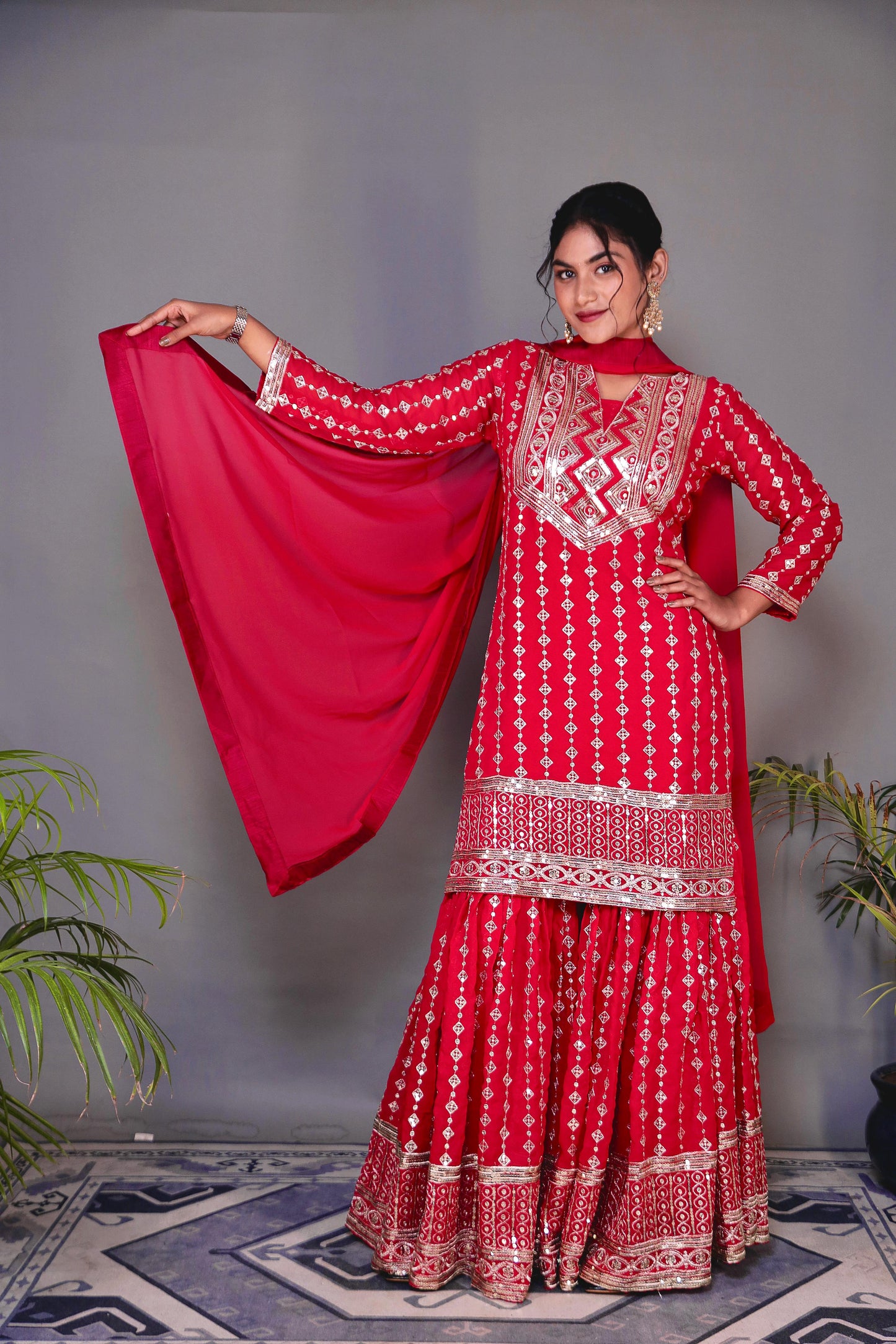 Wedding Wear Red Color Heavy Faux Georgette Embroidery Sequence Work Designer Sharara Suit