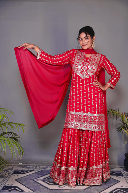 Wedding Wear Red Color Heavy Faux Georgette Embroidery Sequence Work Designer Sharara Suit