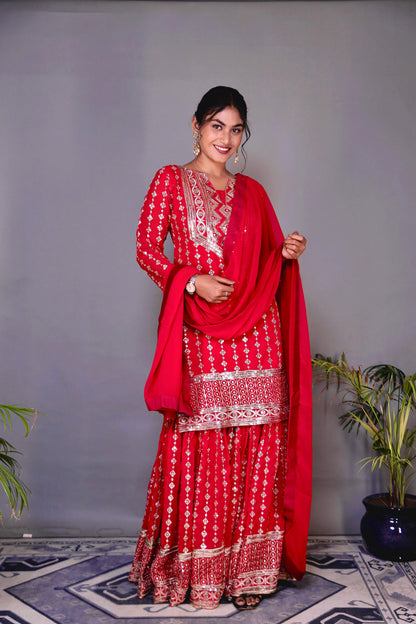 Wedding Wear Red Color Heavy Faux Georgette Embroidery Sequence Work Designer Sharara Suit