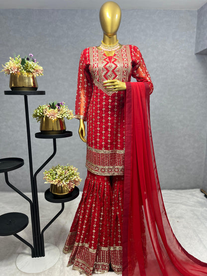 Wedding Wear Red Color Heavy Faux Georgette Embroidery Sequence Work Designer Sharara Suit