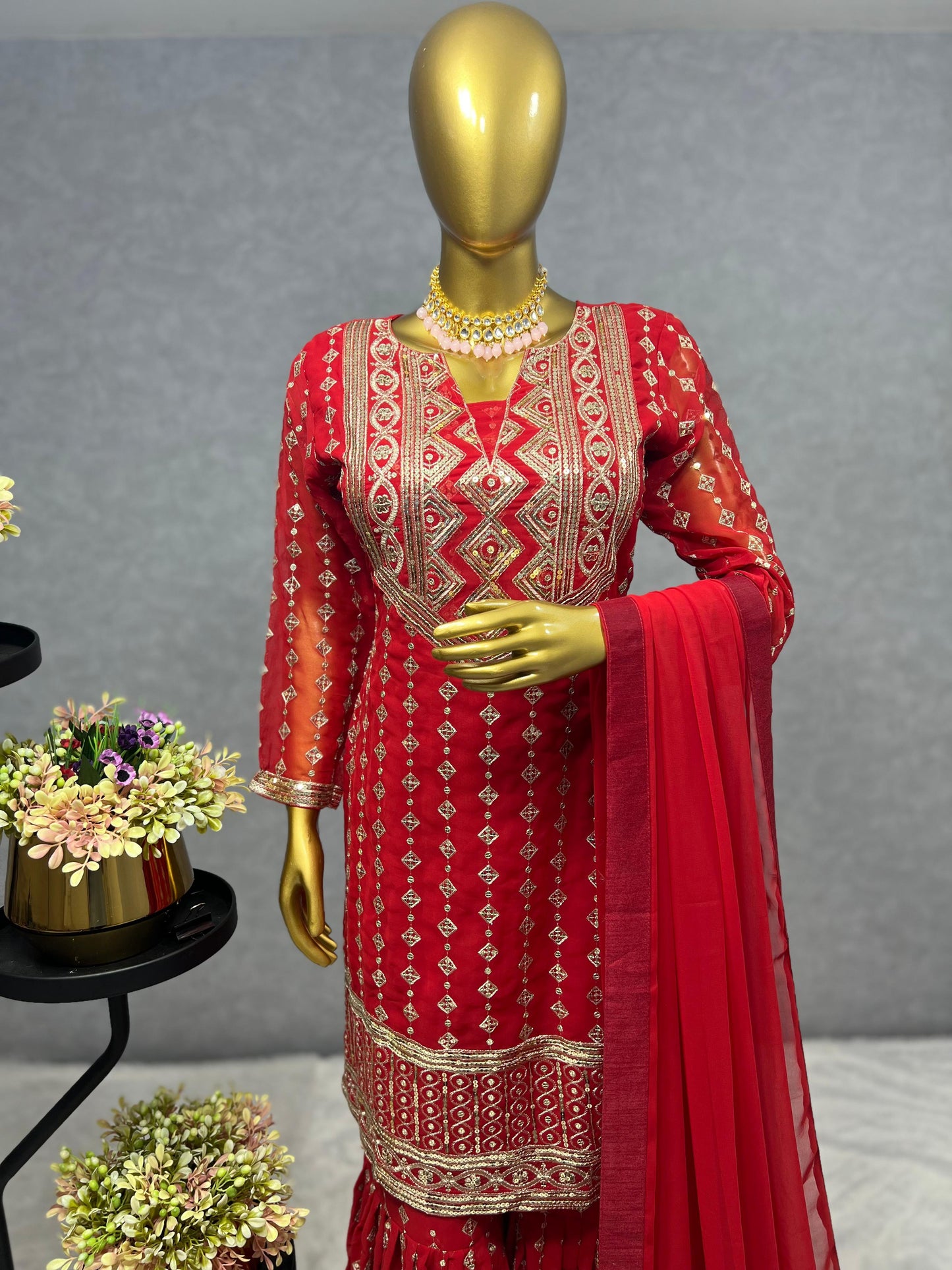 Wedding Wear Red Color Heavy Faux Georgette Embroidery Sequence Work Designer Sharara Suit
