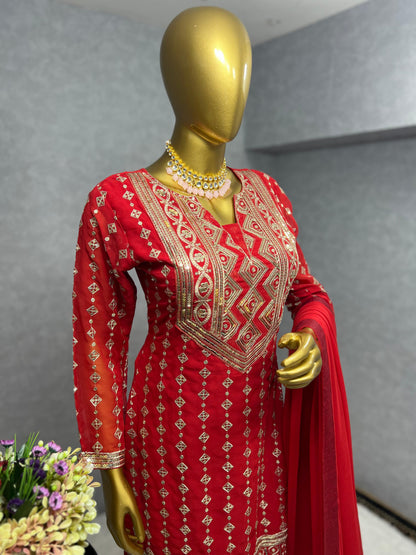 Wedding Wear Red Color Heavy Faux Georgette Embroidery Sequence Work Designer Sharara Suit