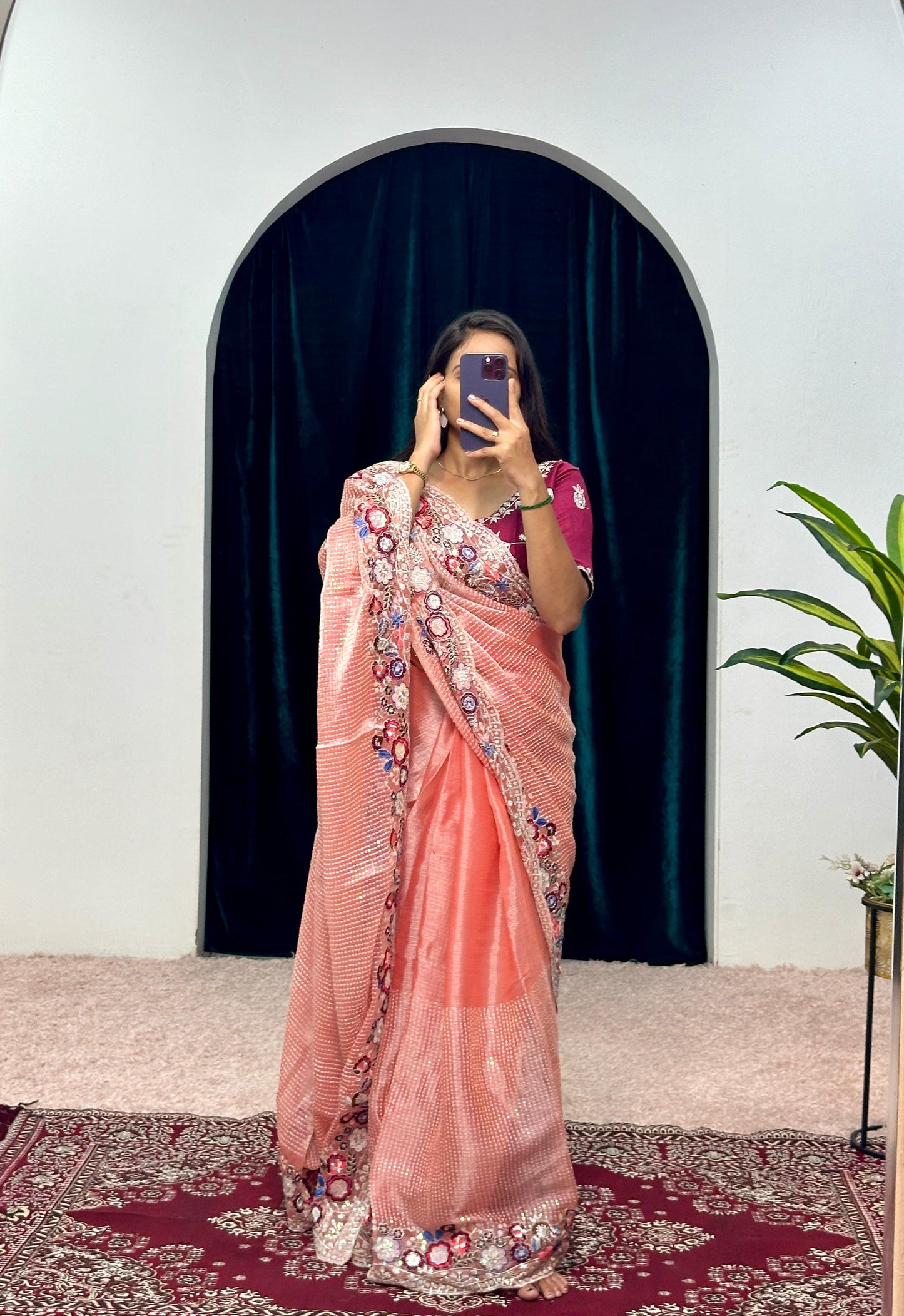 Elegant Orange Color Organza Silk Sequence Cotton Thread Embroidery Work Designer Saree