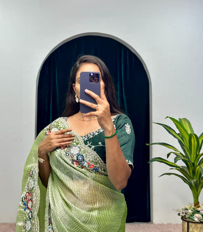 Elegant Green Color Organza Silk Sequence Cotton Thread Embroidery Work Designer Saree