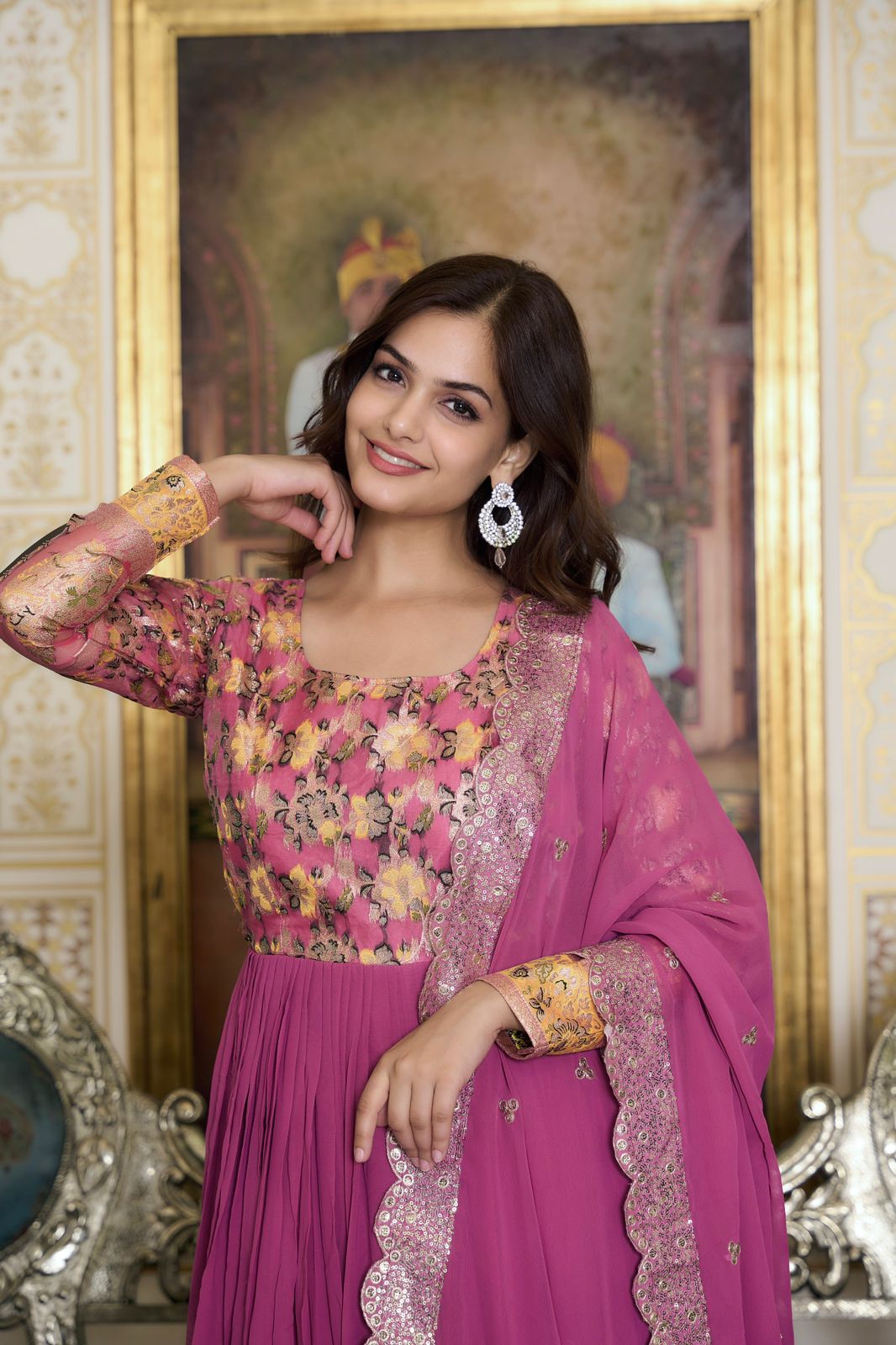 Wedding Wear Pink Color Faux Georgette With Pure Jacquard Work Designer Gown