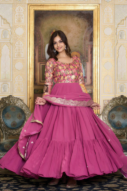 Wedding Wear Pink Color Faux Georgette With Pure Jacquard Work Designer Gown