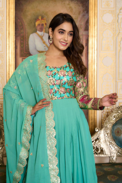 Party Wear Light Green Color Faux Georgette With Pure Jacquard Work Designer Gown