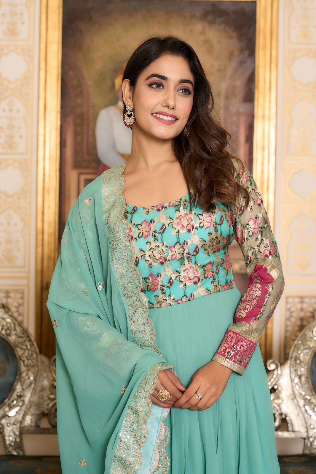Party Wear Light Green Color Faux Georgette With Pure Jacquard Work Designer Gown