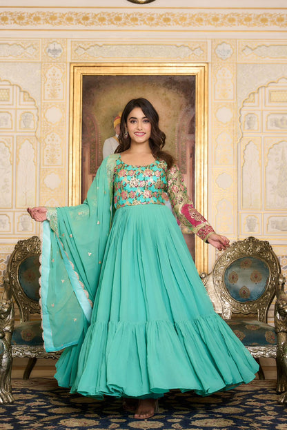 Party Wear Light Green Color Faux Georgette With Pure Jacquard Work Designer Gown