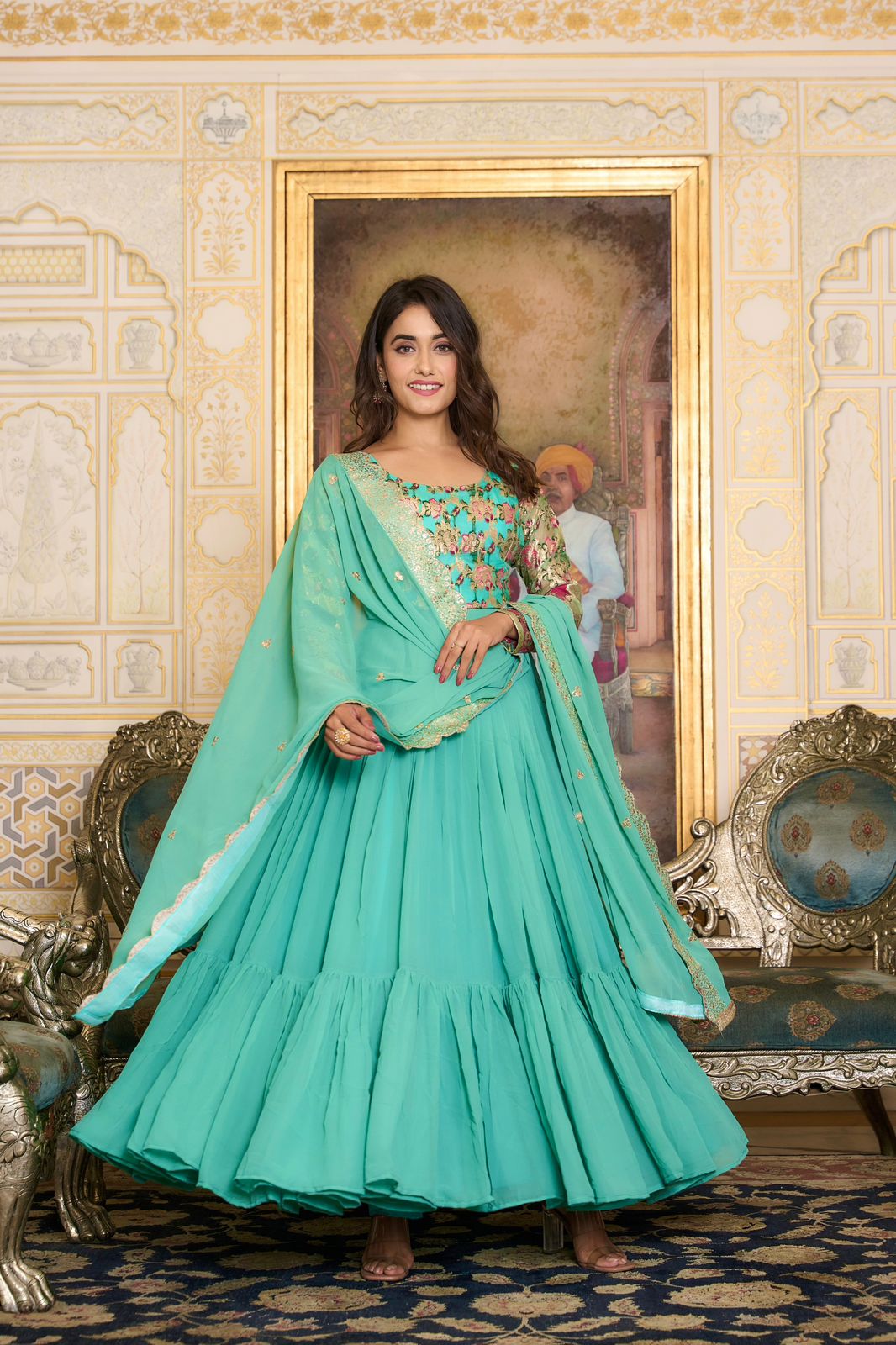 Party Wear Light Green Color Faux Georgette With Pure Jacquard Work Designer Gown