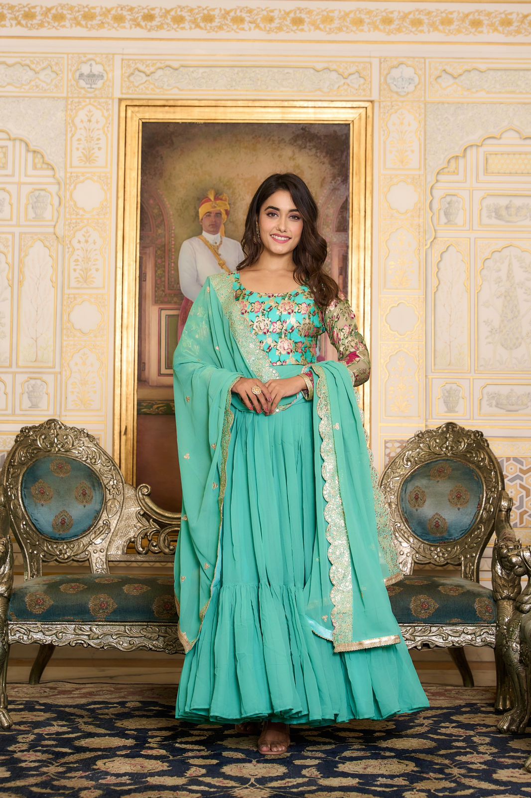 Party Wear Light Green Color Faux Georgette With Pure Jacquard Work Designer Gown