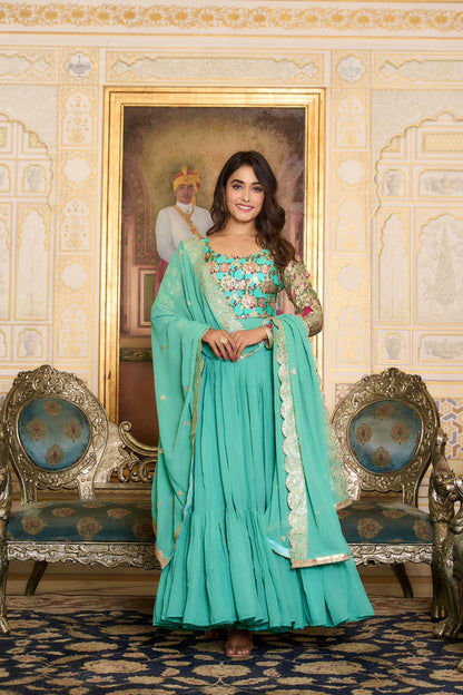 Party Wear Light Green Color Faux Georgette With Pure Jacquard Work Designer Gown