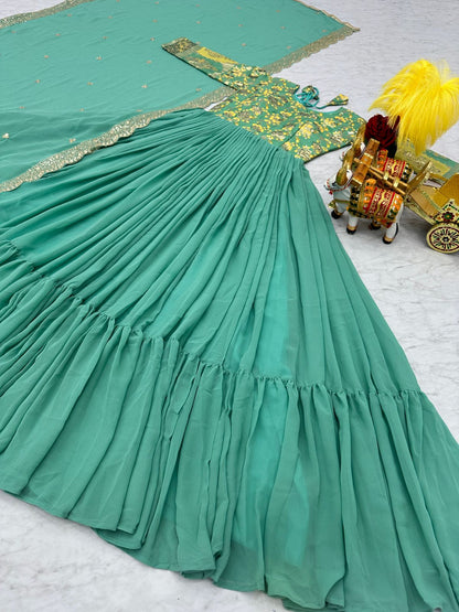 Party Wear Light Green Color Faux Georgette With Pure Jacquard Work Designer Gown