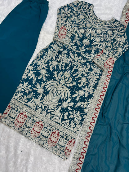 Outstanding Teal Blue Color Heavy Faux Georgette With Heavy Embroidery Work With Diamond Handwork Palazzo Suit