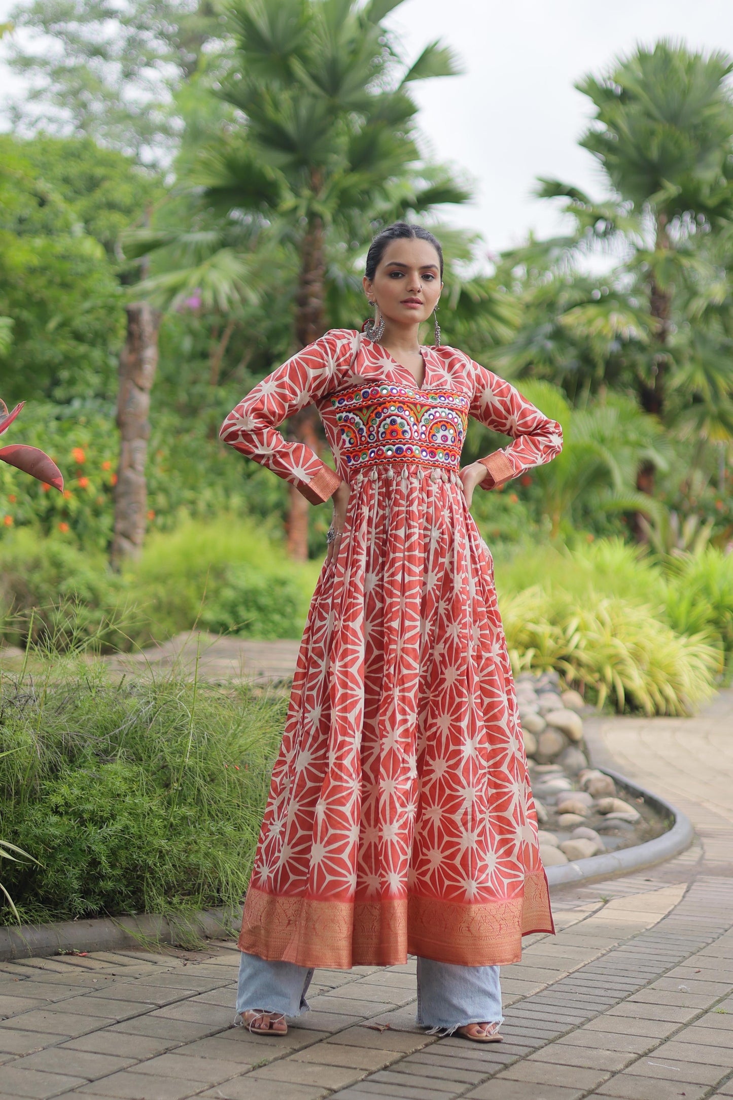 Navratri Collection Printed Art silk With Kutchi Gamthi Work Orange Color Navratri Kurti