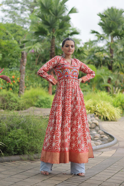 Navratri Collection Printed Art silk With Kutchi Gamthi Work Orange Color Navratri Kurti