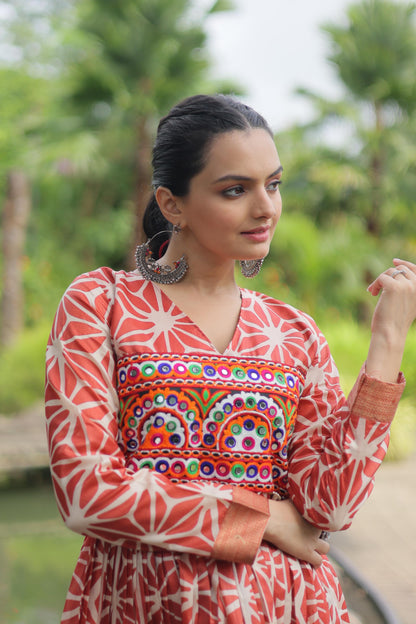 Navratri Collection Printed Art silk With Kutchi Gamthi Work Orange Color Navratri Kurti