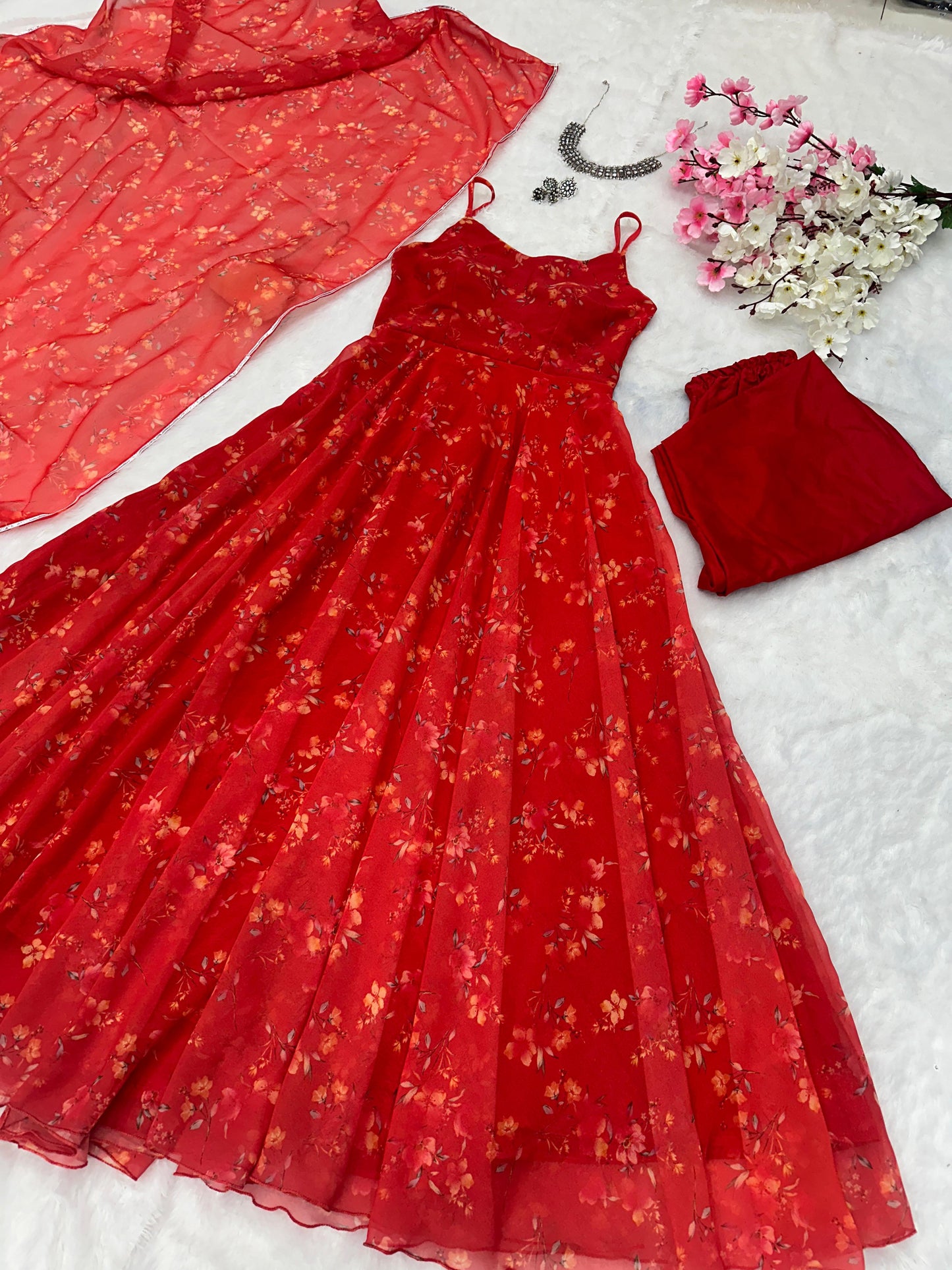 Luxuriant Red Color Digital Printed Georgette With Huge Flair Anarkali Suit