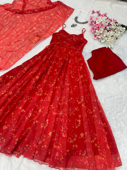 Luxuriant Red Color Digital Printed Georgette With Huge Flair Anarkali Suit