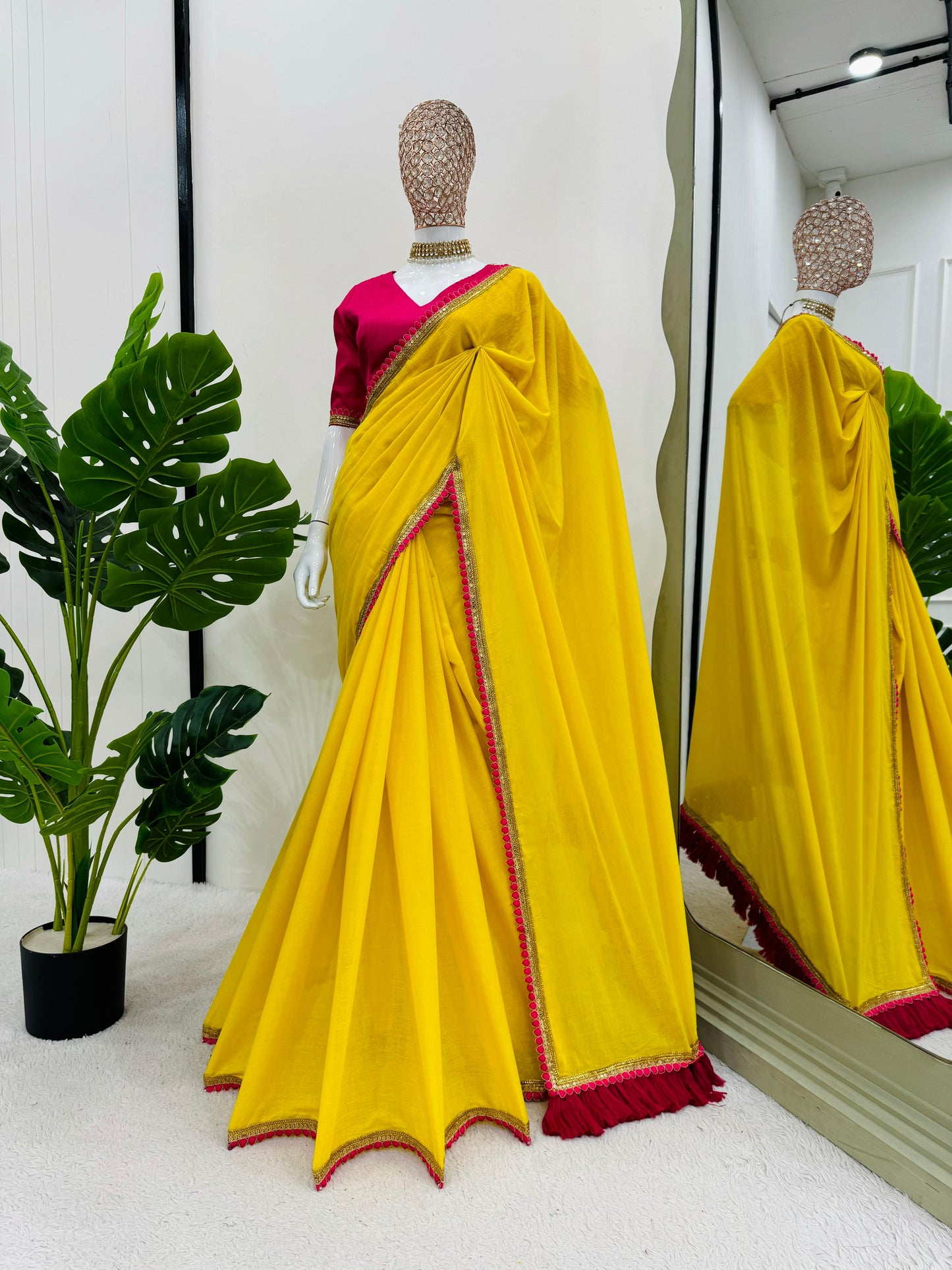 Haldi Special Yellow Color Mul Cotton And Heavy Latkan Beautiful Designer Saree