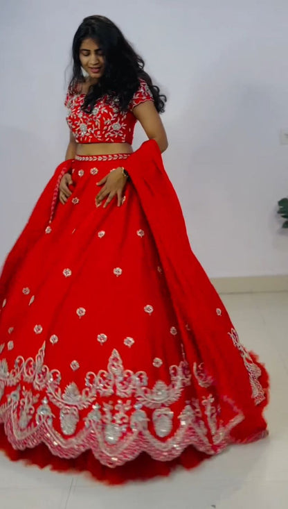 Designer Red Color Pure Chinon With Heavy Embroidery Sequence Work Lehenga Choli