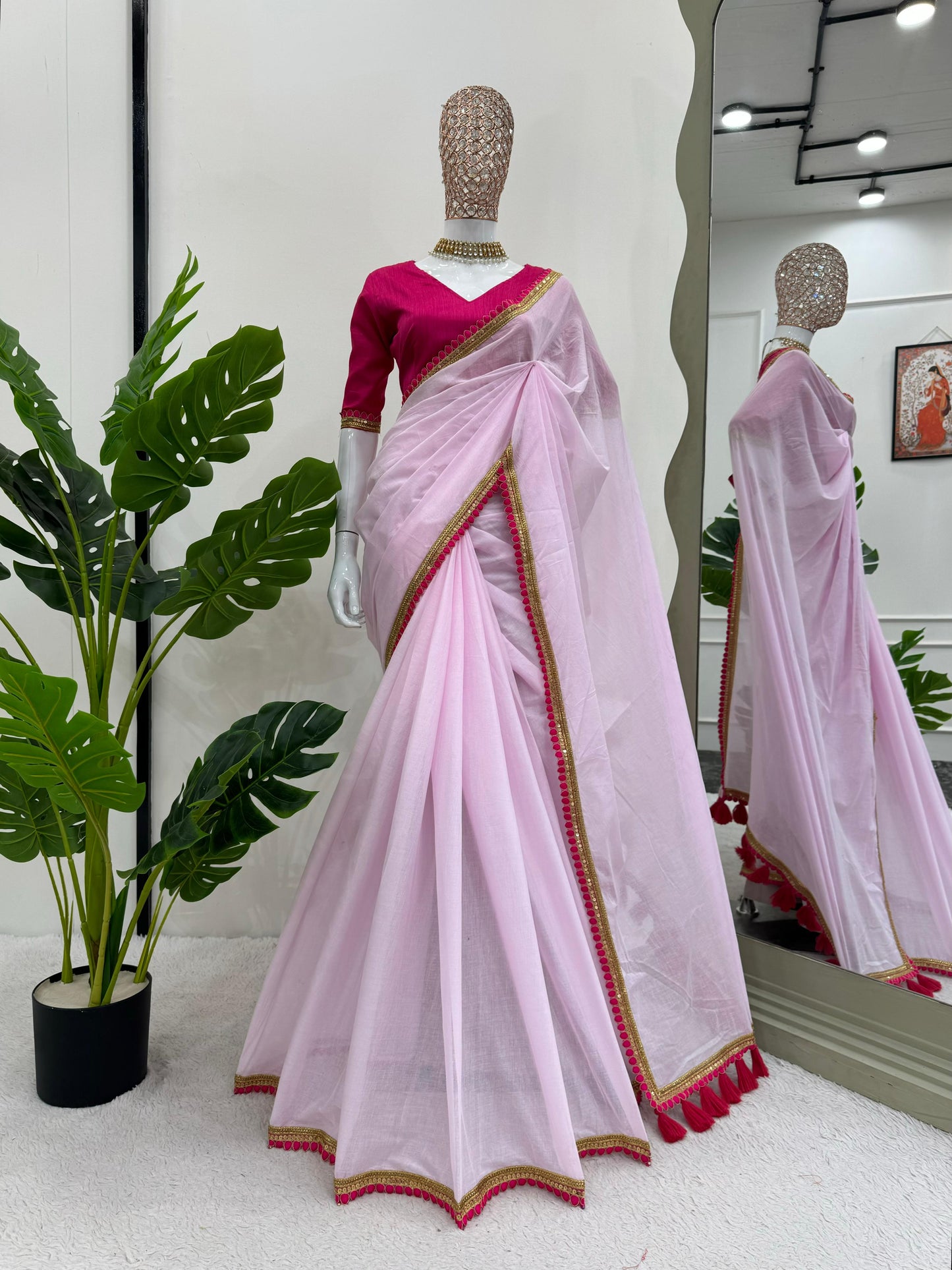 Embellished Mul Cotton With Heavy Latkan On Pallu Light Pink Colour Beautiful Designer Saree
