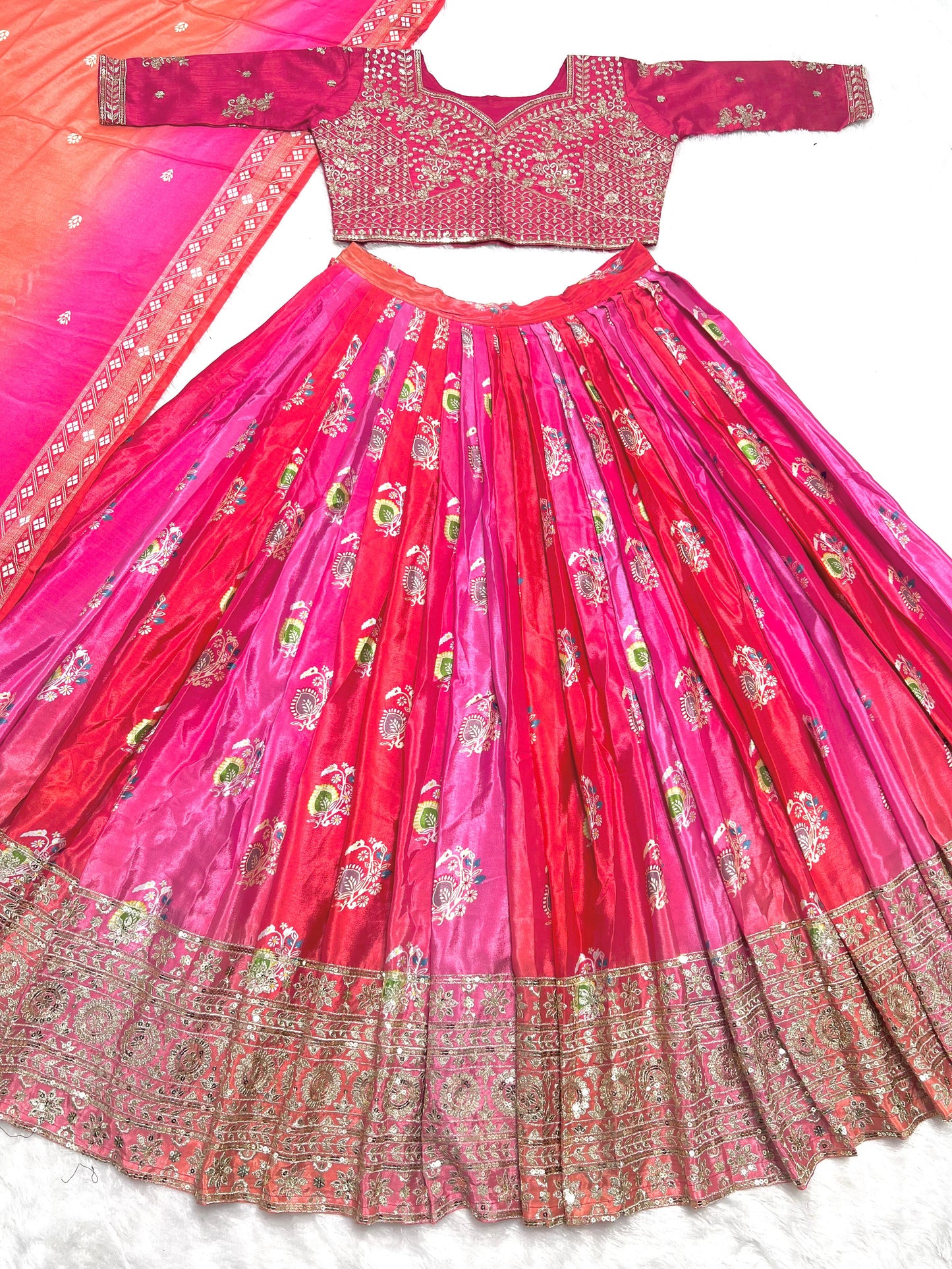 Multi Color Heavy Chinon Silk With Heavy Embroidery Sequence Work With Beautiful Digital Print Work Lehenga Choli